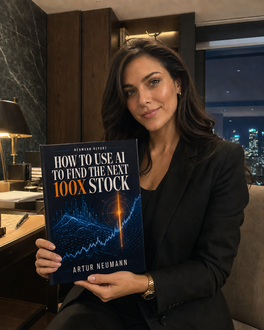Businesswoman holding the Neumann Report AI stock report